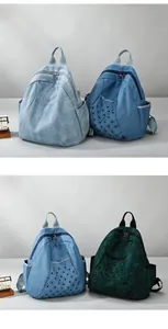 Detail view of denim backpack showing punk star studs and vintage flower print patterns