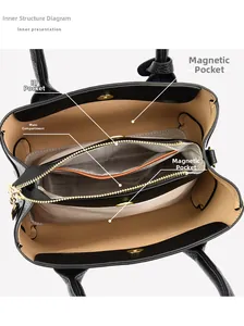 Interior structure of black leather tote bag with zip compartment and magnetic snap pockets