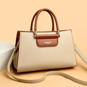 Sac à Main pour Femmes en Cuir de Vache Composé Grain de Litchi Sac à Épaule Bandoulière Navetteur Couleur Contrastée Sac Fourre-Tout Cadeau pour Maman