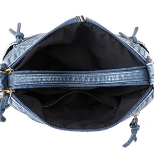 Vintage denim blue leather crossbody bag with three compartments and bronze hardware