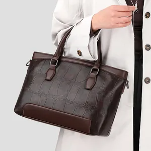 Vintage dark brown crocodile pattern leather handbag with trapezoid structure for women