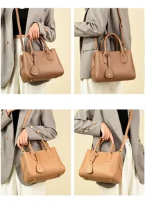 Detail showing the textured leather tote bag with a kangaroo charm in a four-view layout