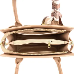 Elegant khaki handbag with multi-compartment interior and striped scarf detail
