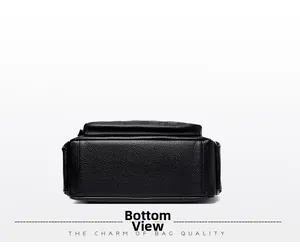 Vista dettagliata del fondo della borsa in pelle nera con cuciture rinforzate