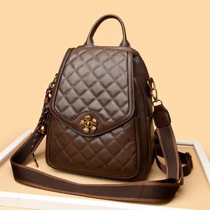 Fashion Women Quilted Genuine Leather Backpack Elegance Flower Lock Anti-theft Casual Travel Shoulder Bag Multi-functional Handbag for Women