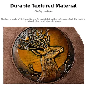 Detail of premium brown suede cowhide with embossed reindeer and forest moon pattern