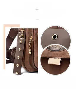 Detail of premium gold hardware and rivet accents on dark brown faux suede backpack