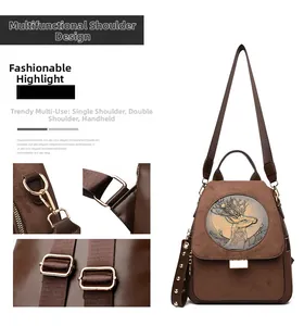 Detail view of brown faux suede backpack featuring metallic deer head and gold hardware