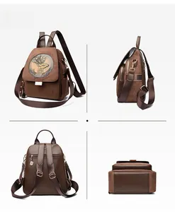 Detail view of suede backpack with deer head emblem and anti-theft pocket from four angles