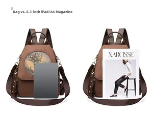 Detail view of suede backpack size comparison with an iPad and A4 magazine for scale