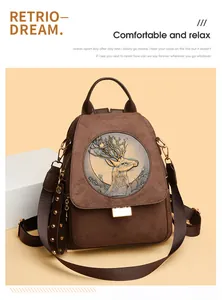 Detail of vintage brown suede backpack featuring embossed deer design and gold rivets