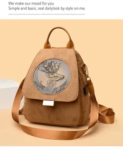 Detail of deer relief pattern on a brown suede backpack with metal buckle closure