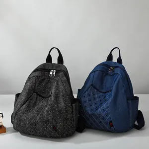 Vintage denim and canvas starry backpacks with punk metal rivets and side pockets
