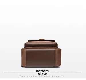Detailed bottom view of brown faux suede backpack with premium stitching and leather texture