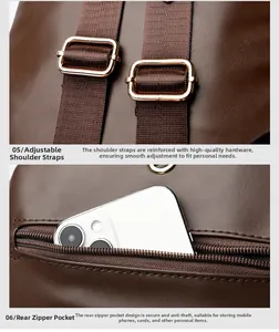 Detail of adjustable metal buckles and rear anti-theft zipper pocket on brown suede backpack