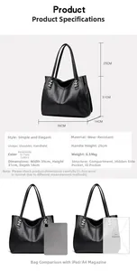 Detailed size guide of black leather tote bag with dimensions and capacity comparison
