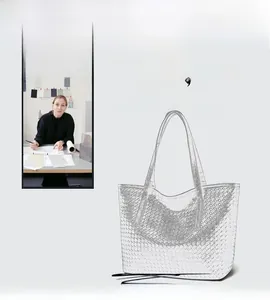 Designer sketch of a woven tote bag featuring an iconic diamond weave pattern and slim straps