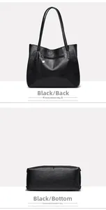 Detail view showing black leather tote bag back zipper pocket and stitched flat bottom
