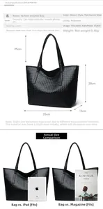 Detailed size specifications for large black woven tote bag showing 35cm width and capacity