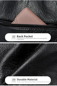Detail of the back zipper pocket on a black pebble grain leather tote bag with a wallet