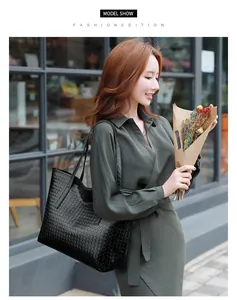 Detail of a black woven leather tote bag featuring a high-capacity urban design for women