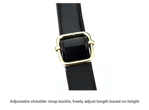 Detail of black faux snake leather shoulder strap with adjustable gold metal buckle