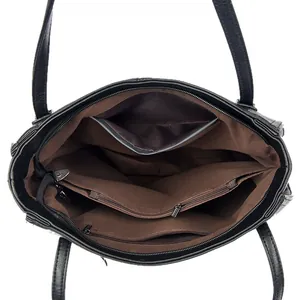 Internal structure of black leather tote bag with large zipper compartment and brown lining