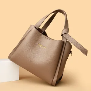 Borsa a Secchiello da Donna in Vera Pelle a Grana Litchi Borsa a Mano di Grande Capacità Borsa a Tracolla Con Tracolla Regolabile