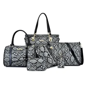 Fashion Women Python Snake Print PU Leather Bag Set Including Tote Shoulder Bag Handbag Clutch Wallet With Gold Hardware