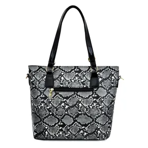 Women's faux snake skin tote bag with black glossy handles and back zipper pocket