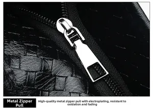 Close-up of durable silver metal zipper and woven texture on black leather bag