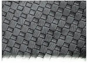 Close-up of black woven texture on a soft leather tote bag with bark grain pattern