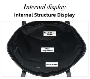 Internal view showing phone pocket, large main compartment and zipper pocket of black tote