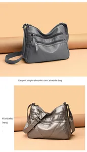 Detail view of multi-compartment washed leather bag in matte and metallic grey finishes