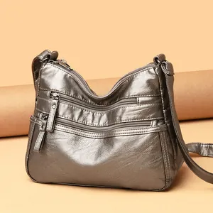 Classic silver-gray washed leather crossbody bag with multi-layer zippers and soft texture