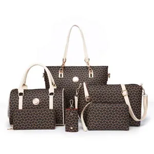 6-piece brown monogram leather handbag set with tote, boston bag and matching wallets