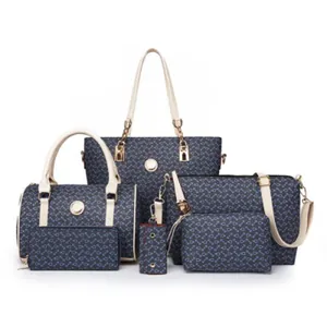 6-piece navy blue tote bag set with arrow pattern and ivory leather handles for women