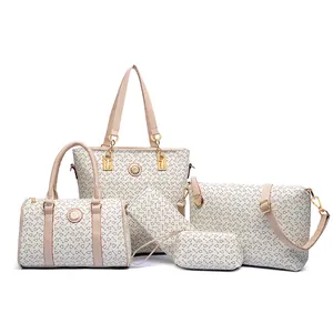 Chic 6-piece cream handbag set with dark geometric pattern and golden hardware details