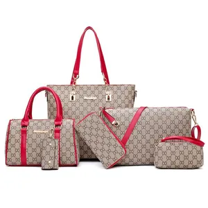 Classic 6-piece women's handbag set in khaki logo print with vibrant red handles