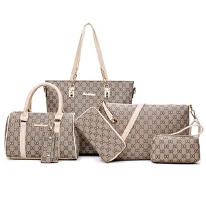 Conjunto de 6 bolsos de mujer con estampado clásico, bolso tote grande y carteras a juego