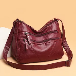 Vintage Women Soft PU Washed Leather Shoulder Bag Multi-Pocket Retro Crossbody Bag For Women Mother Commuting Handbag