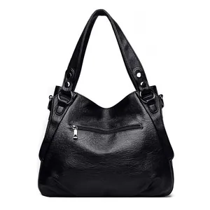 Elegante borsa tote in pelle nera con trama a litchi e tasca frontale con cerniera