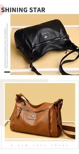 Detail view of lychee pattern leather shoulder bags in classic black and brown tan colors