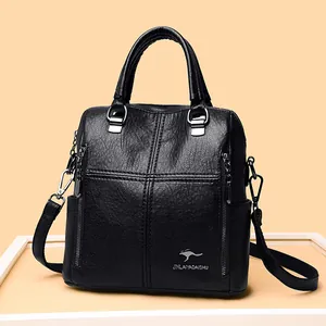 Chic black sheepskin-pattern leather backpack with silver logo and adjustable straps