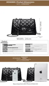 Detailed size chart of black quilted crossbody bag with internal structure and dimensions