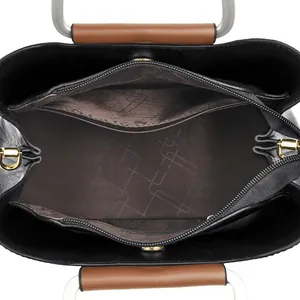 Klassische schwarze Leder Umhängetasche mit Metallgriff und Drei-Schicht-Innenraum