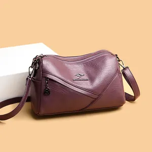 Sac à Bandoulière pour Femmes en Cuir d'Agneau Véritable Lavé Double Couche Cylindre Patchwork Multi Poches Vintage Tendance Sac Quotidien