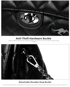 Close-up of black quilted leather texture with metal kangaroo logo and security lock