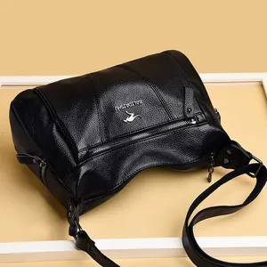 Chic black litchi pattern leather shoulder bag with wide strap and kangaroo logo