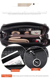 Internal view of black crocodile pattern shoulder bag with multiple compartments and dividers